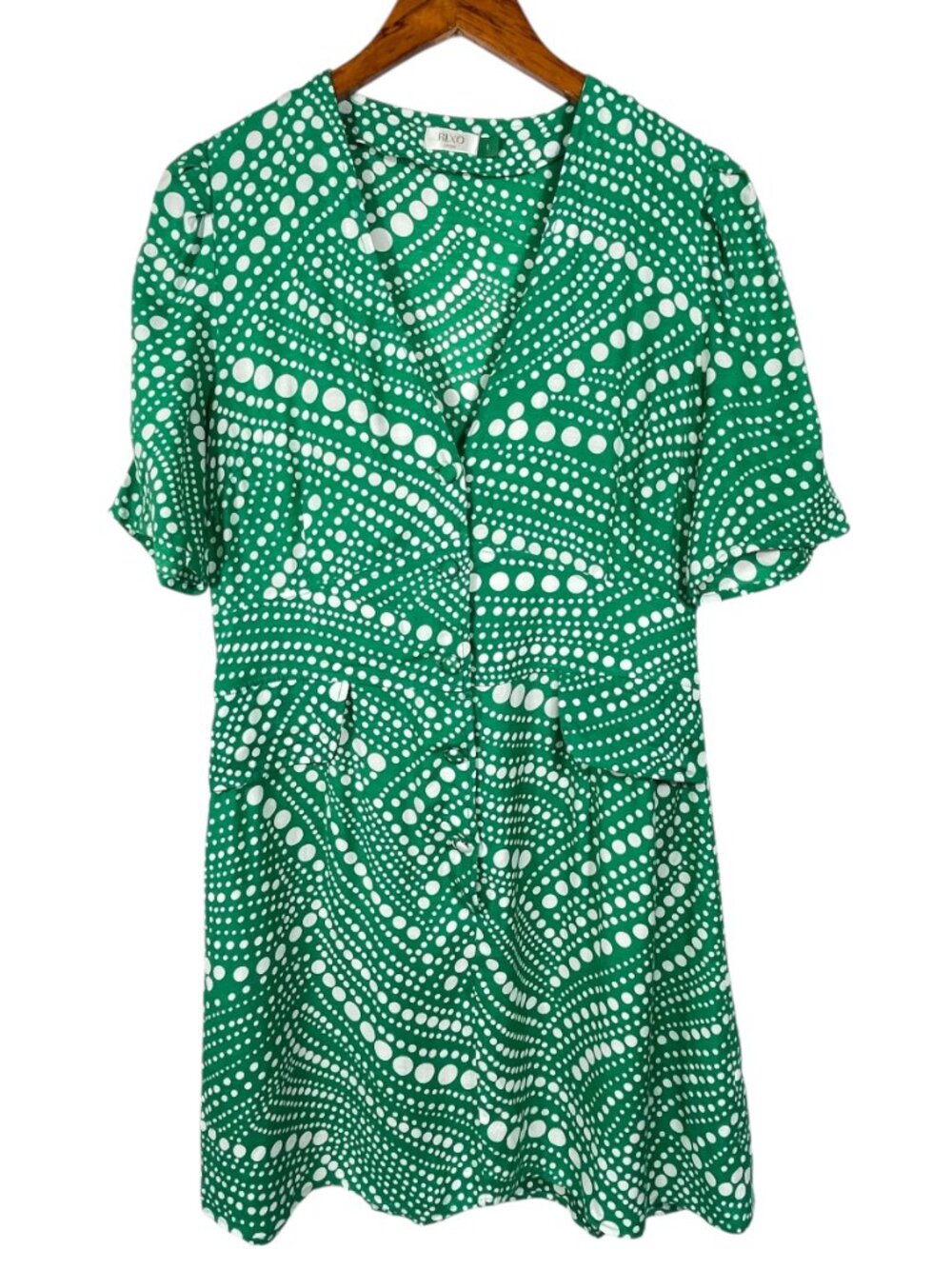 RIXO Laura Green Polka Dot Viscose Crepe Button Front Mini Dress L - Picture 2 of 12